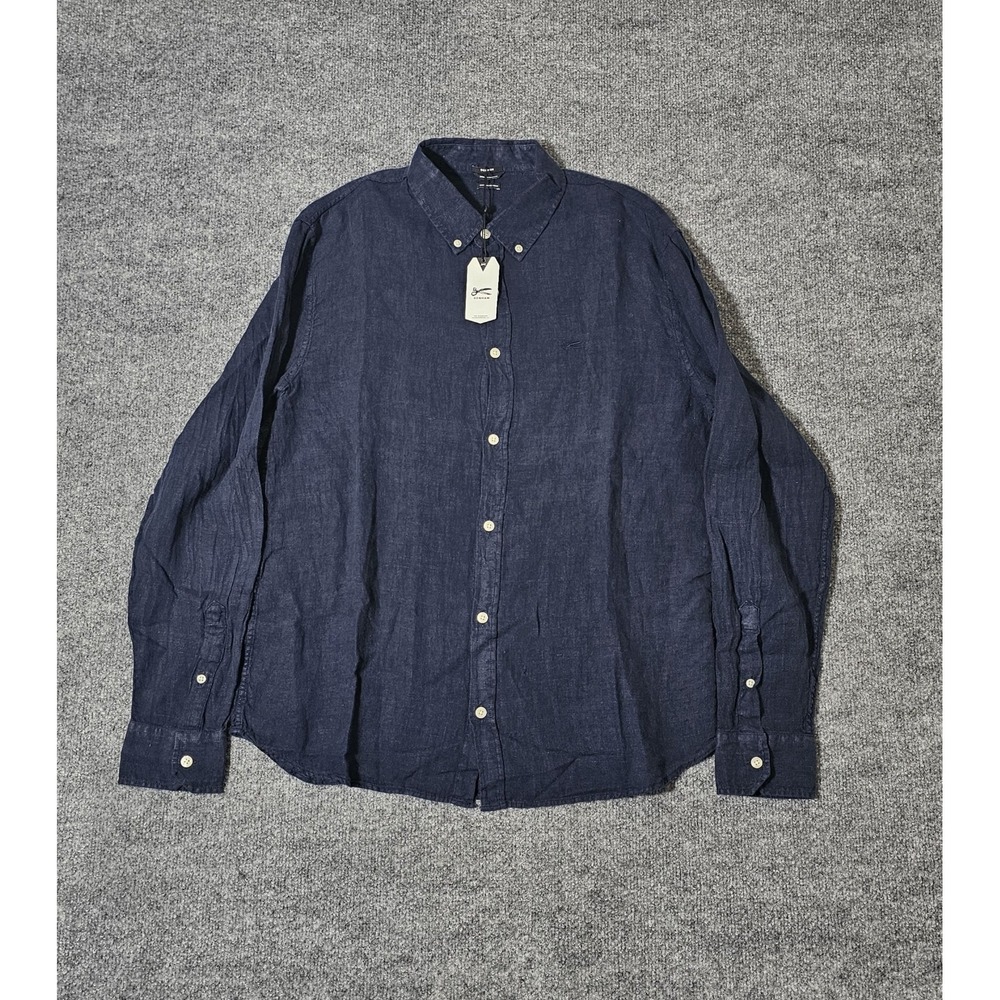 Denham Linen Shirt Men's Size Medium‎ Navy Blue Rich Shirt Long Sleeve